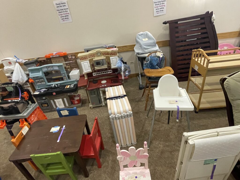 Large toys, highchairs, chanting tables